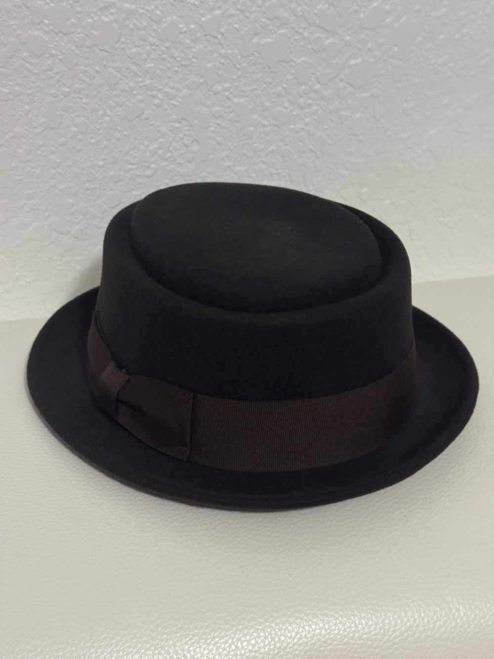 Classic Brown Wool Pork Pie Hat with Brown Ribbon